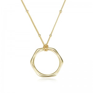 925 Sterling Silver Gold Color Circle Choker Hexagon Pendant Necklace