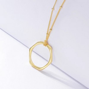 925 Sterling Silver Gold Color Circle Choker Hexagon Pendant Necklace