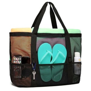 Amazon Mesh Beach Bag – 8-Pocket Large Capacity Bath & Toy Storage Bag, Breathable Drawstring Organizer