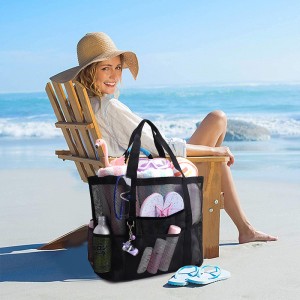 Amazon Mesh Beach Bag – 8-Pocket Large Capacity Bath & Toy Storage Bag, Breathable Drawstring Organizer